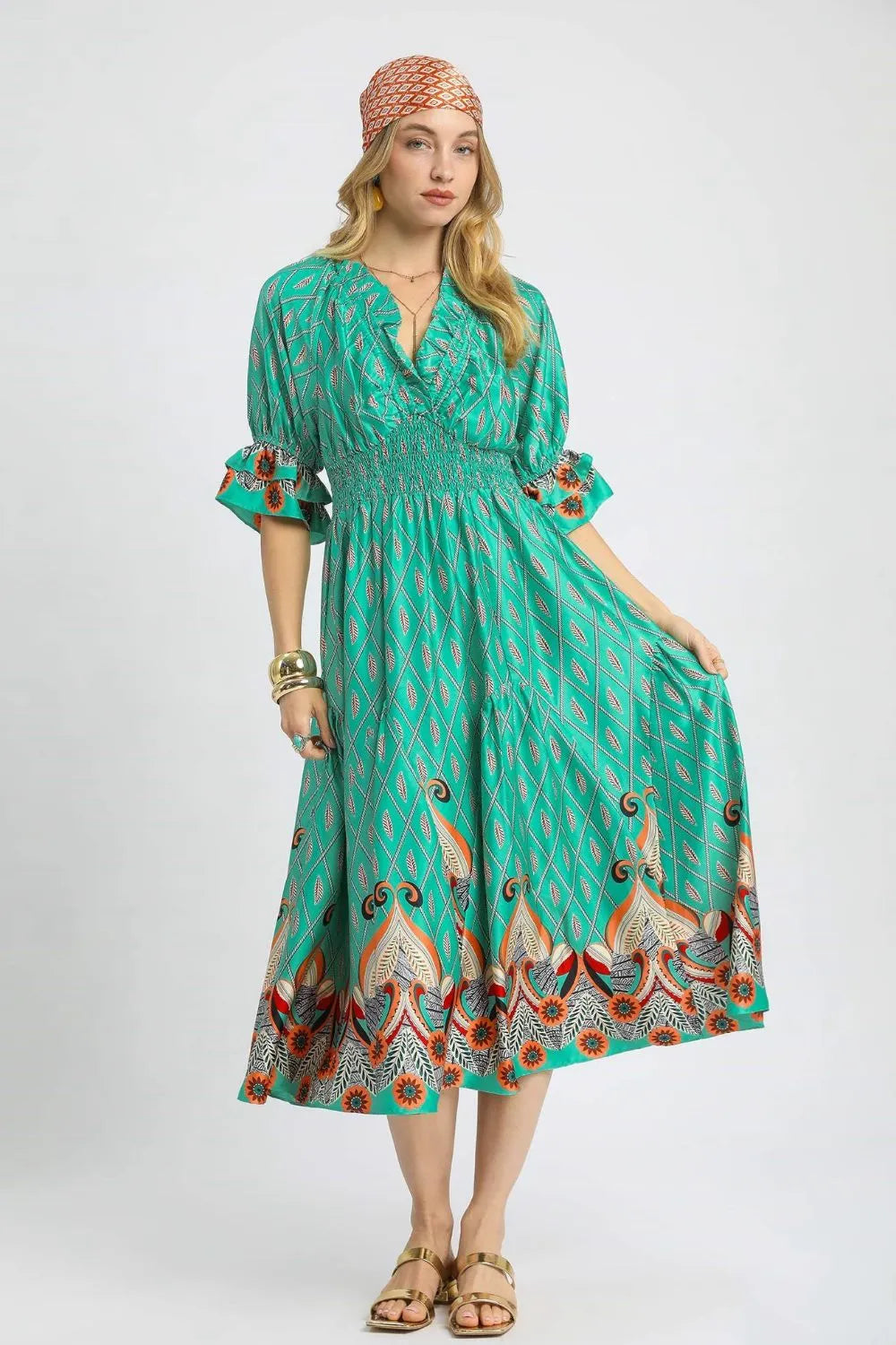 Umgee Printed Smocked Waist Flounce Sleeve Midi Dress product image