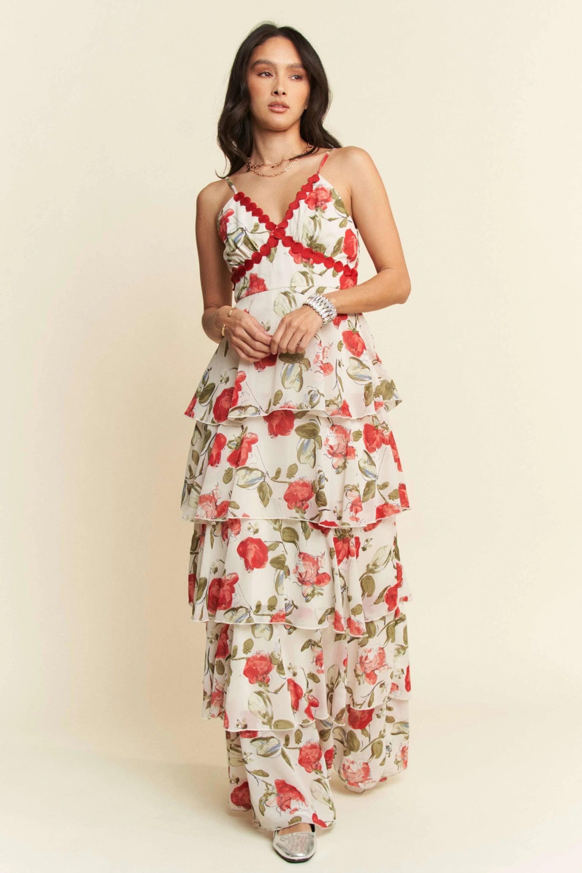 Davi & Dani Contrast Ring Lace Layered Ruffle Maxi Cami Dress product image