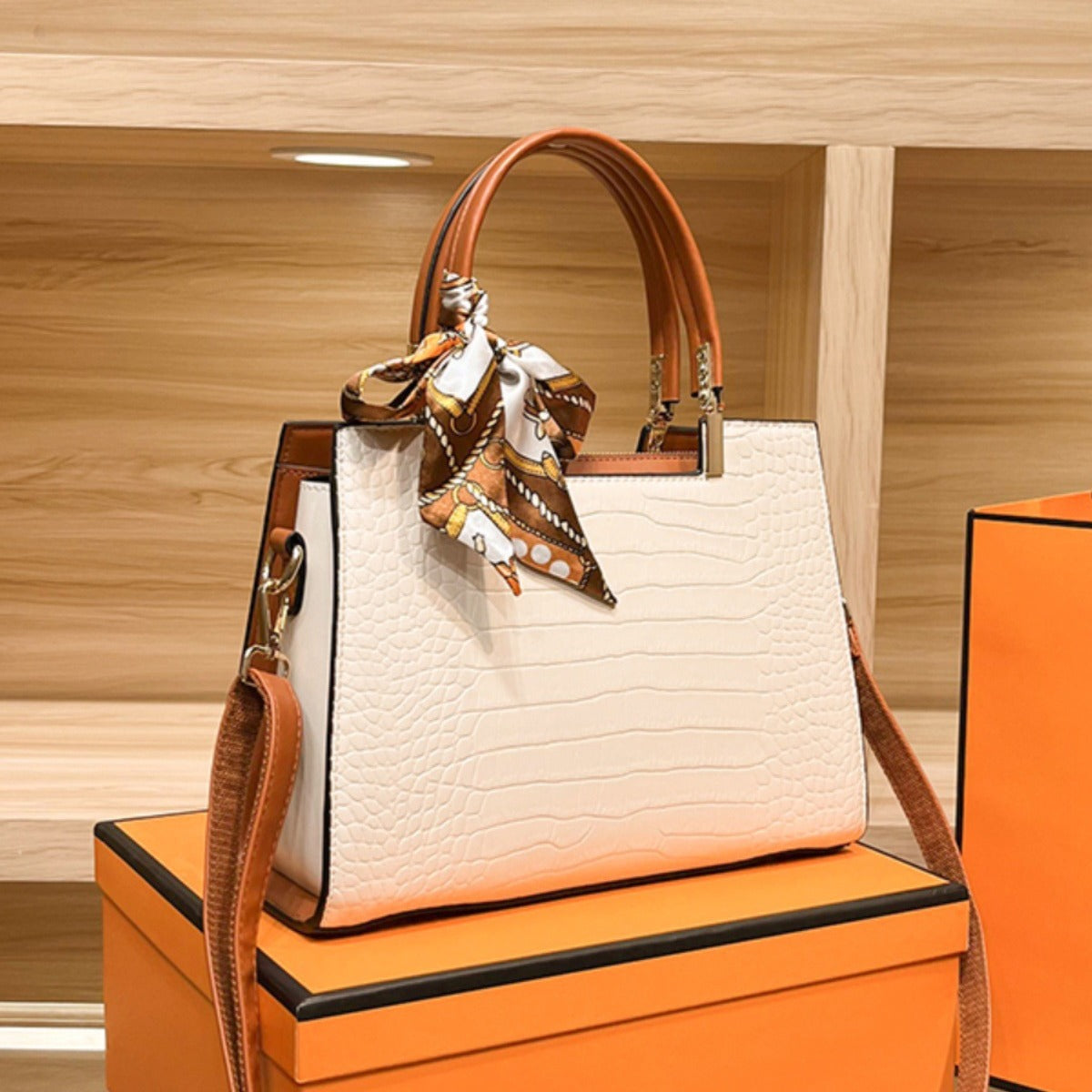 Crocodile Embossed Top Handle Handbag with Scarf product image