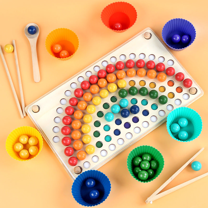 Kids montessori Wooden Peg Board Beads Game Rainbow Clip Puzzle of Pompon Clip Beads Early Educational Toddler Gam product im