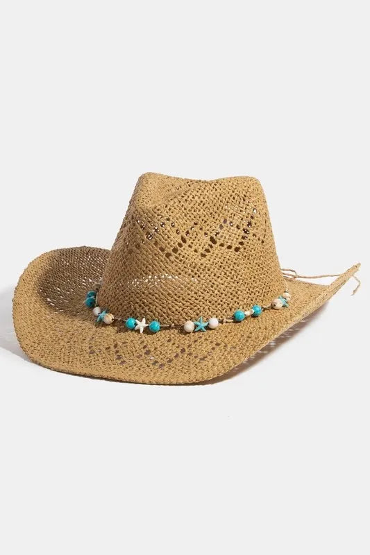 Fame Turquoise and Shell Star Beads Strap Western Straw Hat product image