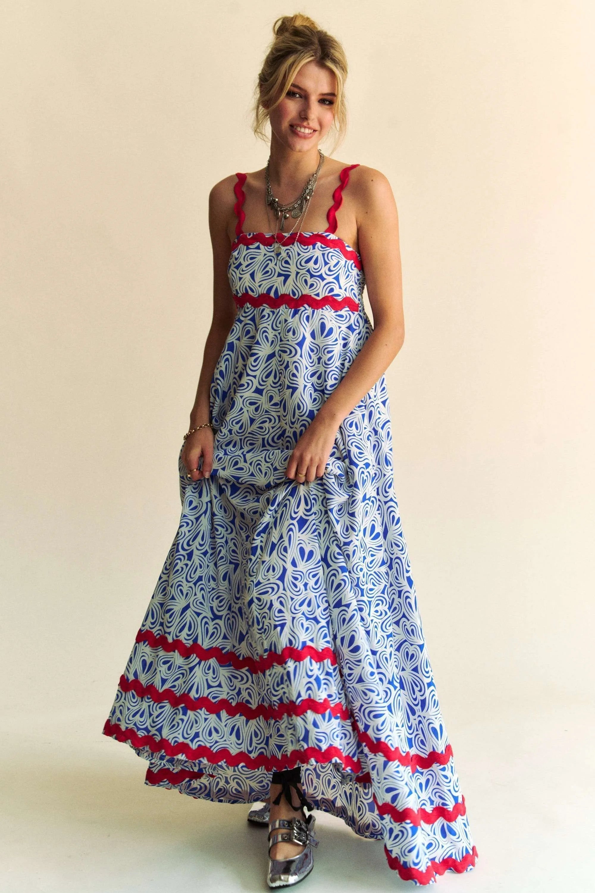 Davi & Dani Geo 2 Tone Printed Wavi Trim Tiered Maxi Dress product image
