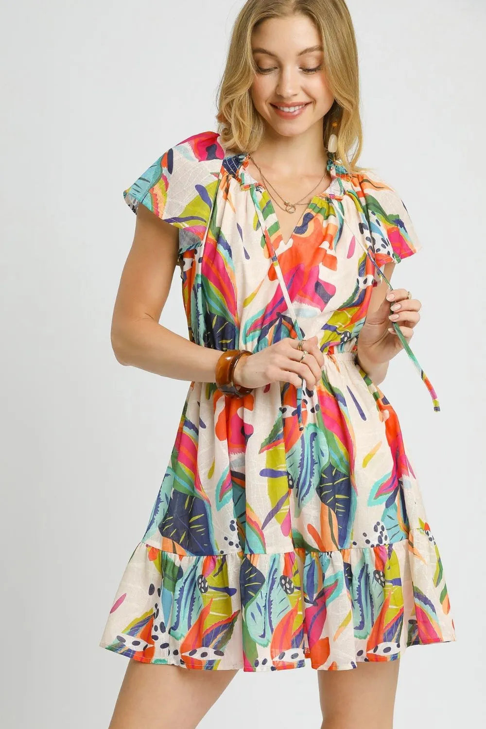 Umgee Printed Tie Neck Ruffled Hem Dress product image