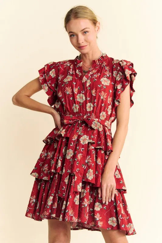 Davi & Dani Ruffle Flutter Sleeve Tie Belt Tiered Mini Dress product image