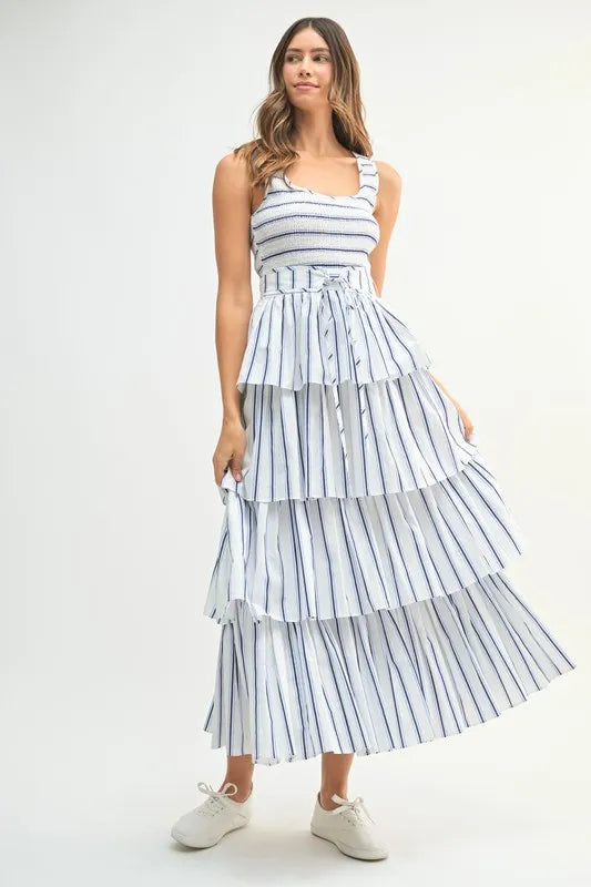 MABLE Pin Stripe Smocked Bodice Layered Midi Dress product image