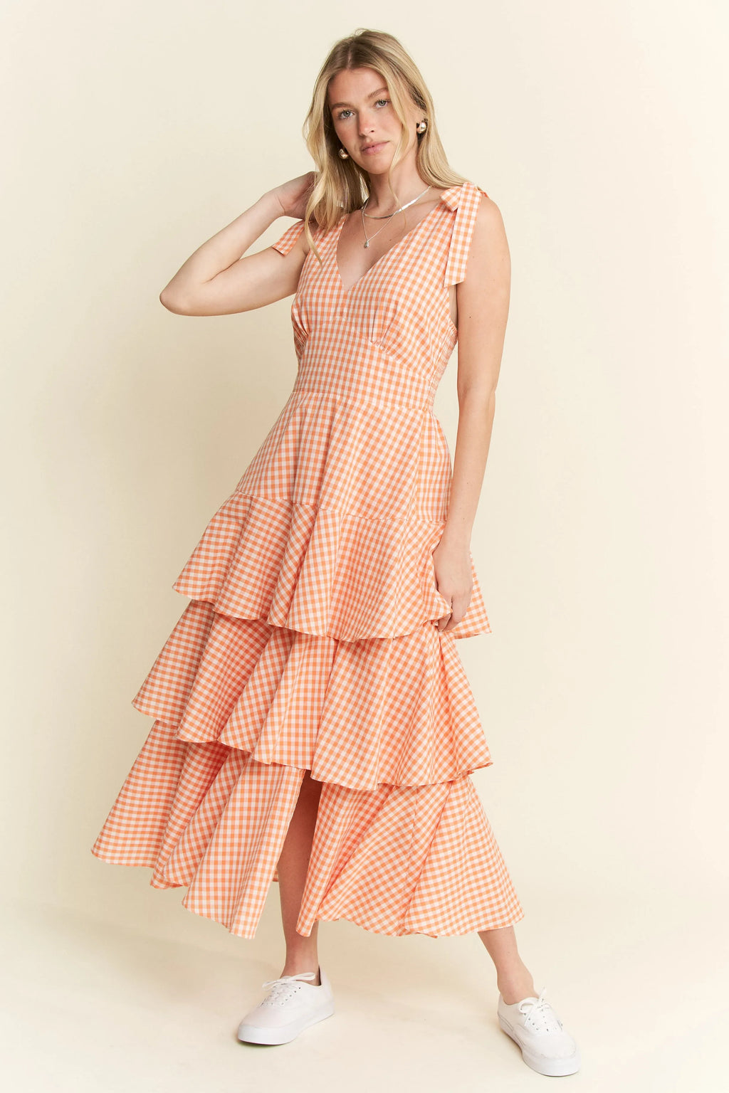 Jade By Jane Sleeveless Gingham Print Tiered Midi Dress product image