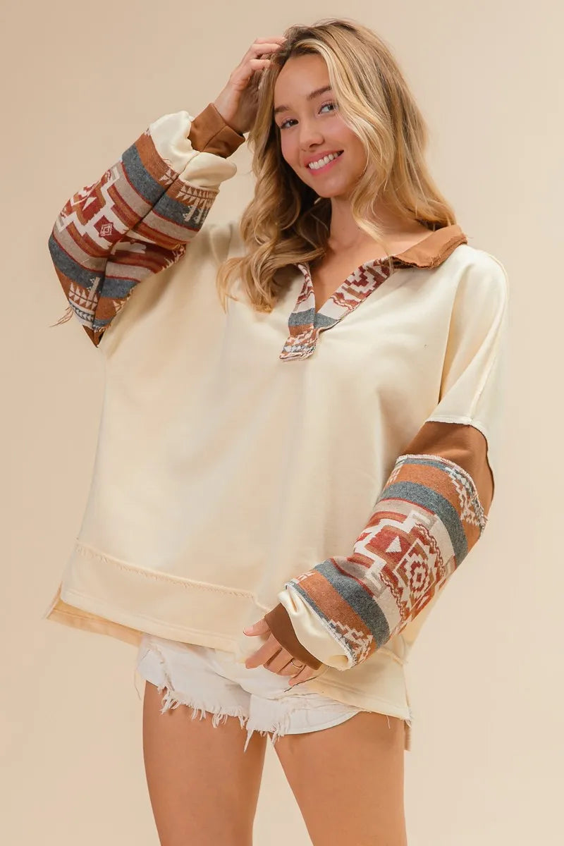 BiBi French Terry Knit and Aztec Print Mixed Top product image