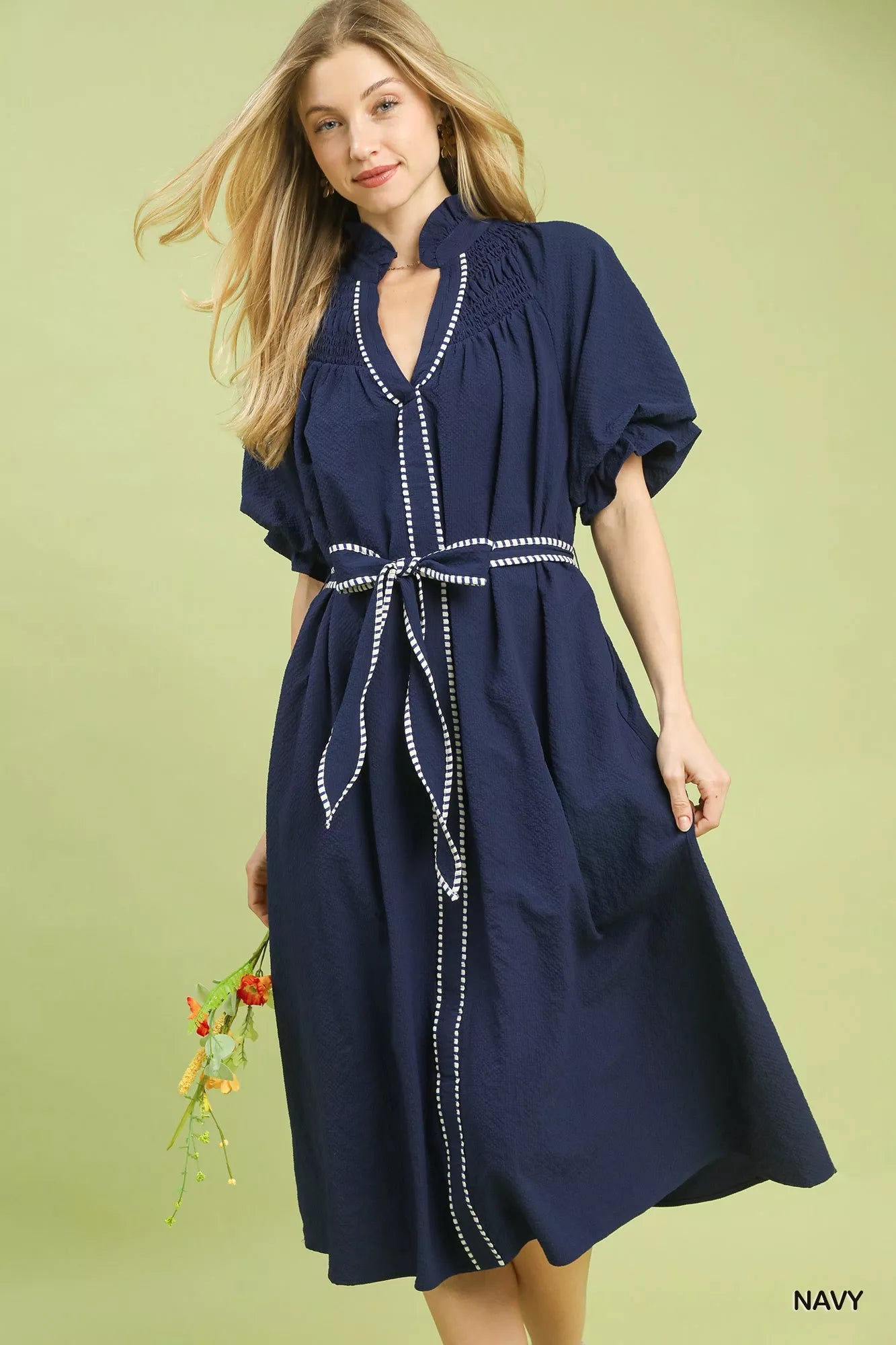 Umgee Ruffle Collar Midi Dress with Stripe Trim product image