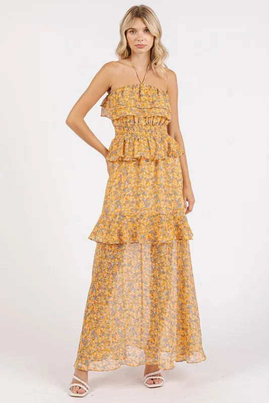 Mittoshop Ruffled Smocked Floral Halter Neck Maxi Dress product image