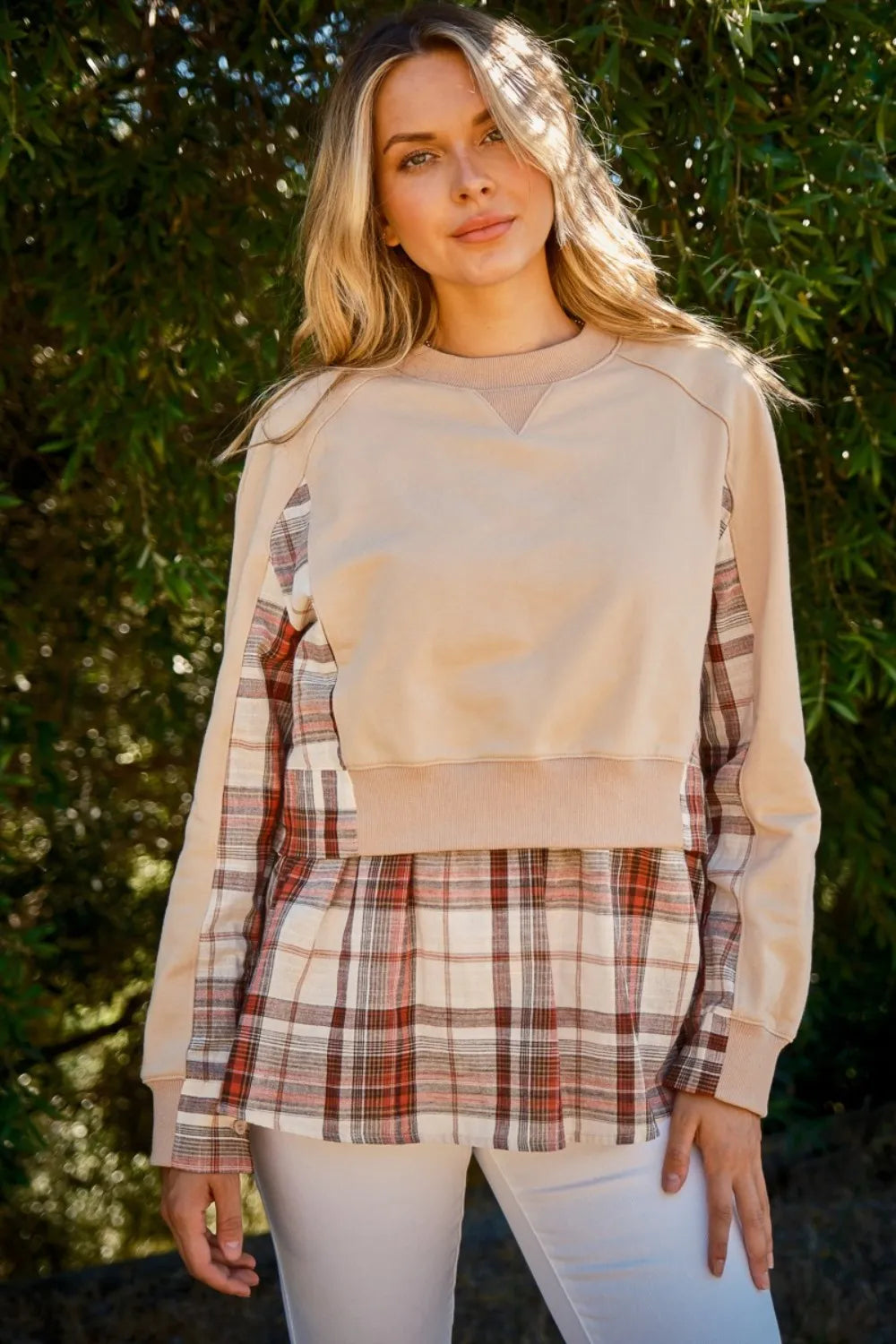 And The Why Full Size Double Layered Plaid Contrast Sweatshirt product image