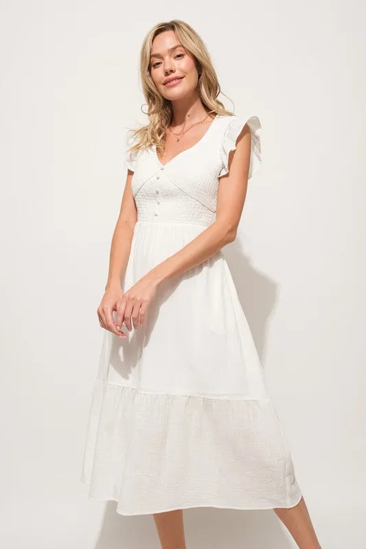 And The Why Ruffle Sleeve Front Smocked Tiered Midi Dress product image