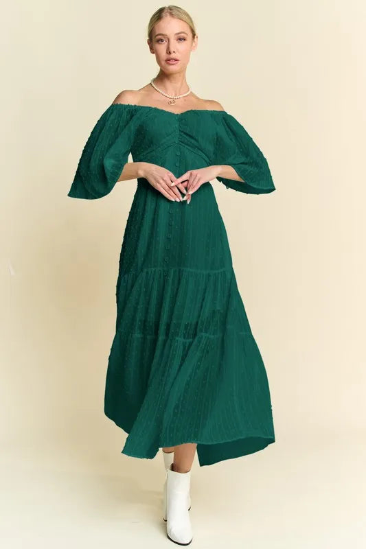 Davi & Dani Swiss Dotted Ruched Ruffle Open Back Midi Dress product image