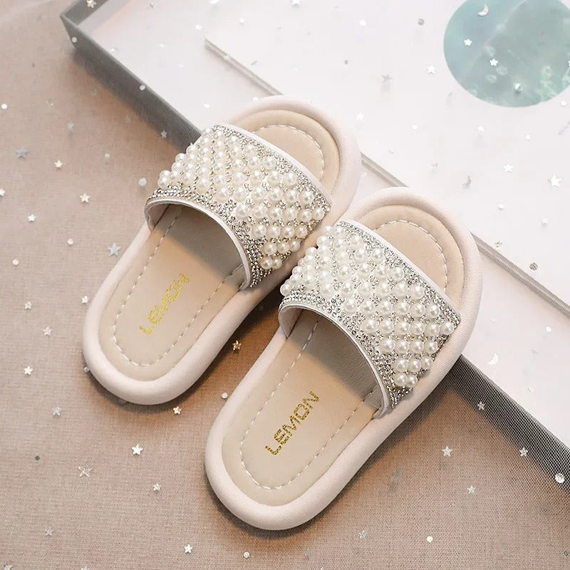 Girls Pearls Slippers Kids Beading Rhinestone Beach Shoes Children Summer Soft Soled Snadals Classic Children Flip-flops Flat