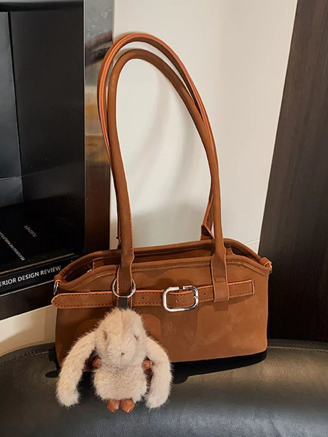 Vintage Buckle Decor Shoulder Bag with Plush Charm product image