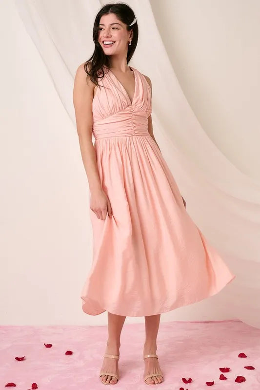 Mittoshop Ruched V-Neck Sleeveless Midi Dress product image