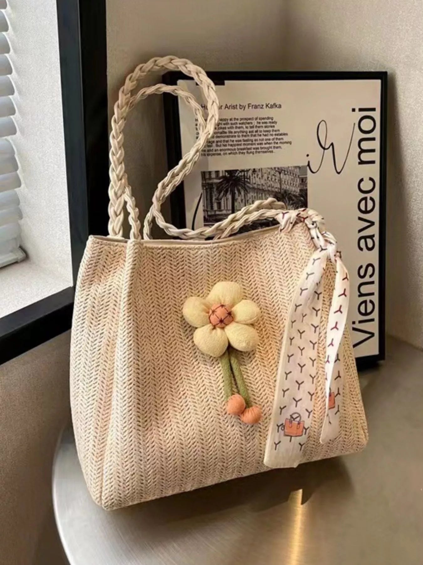 Floral Decor Woven Straw Tote Bag product image