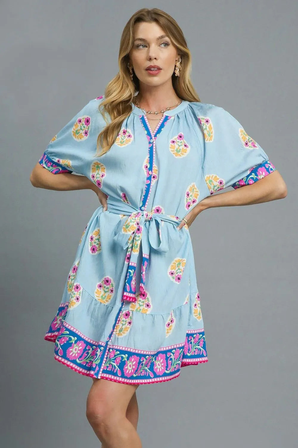 Umgee Floral Print Tie Waist Short Sleeve Dress product image