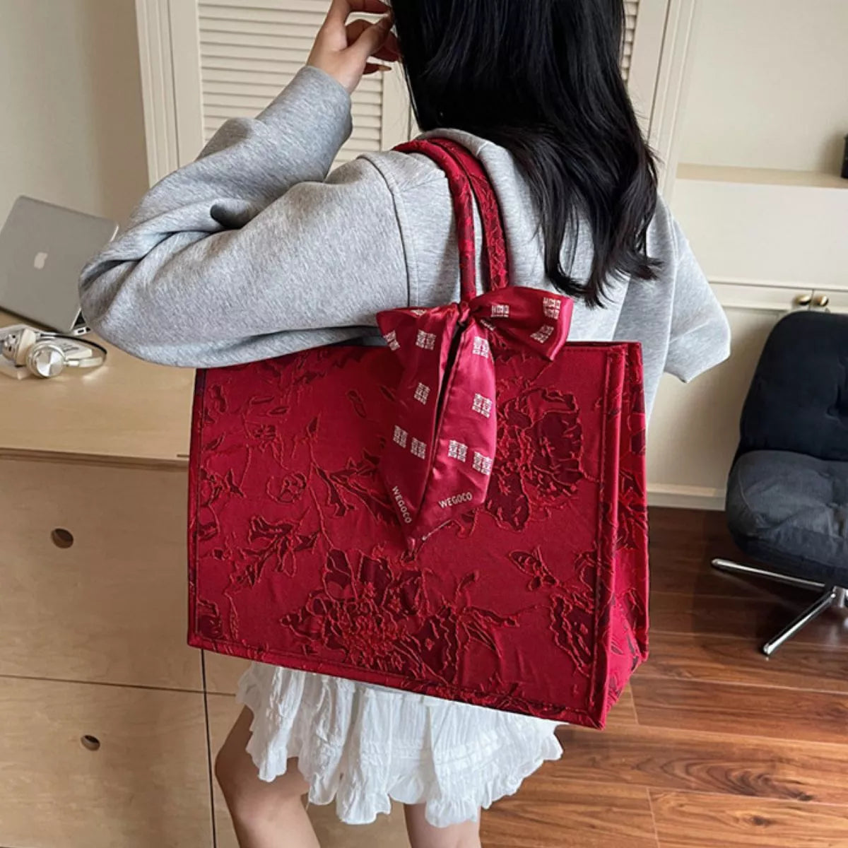Floral Embossed Tote Handbag with Scarf Accent product image