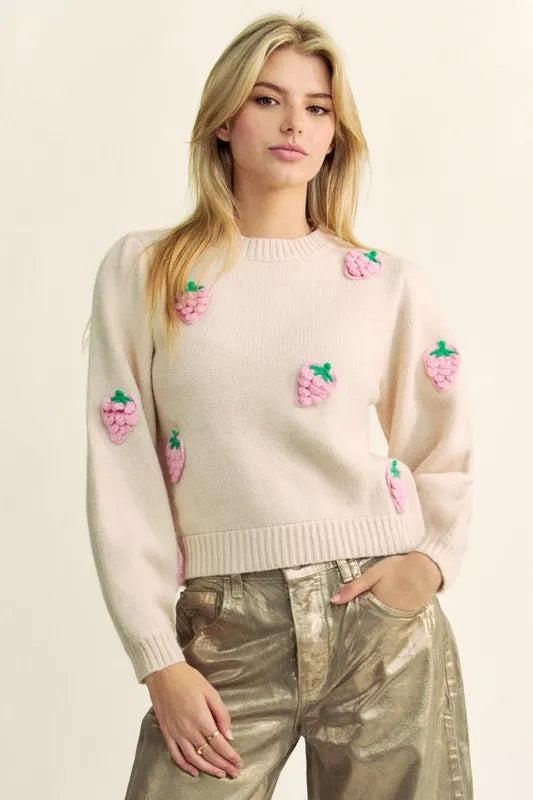 Davi & Dani Crochet Strawberry Round Neck Sweater product image