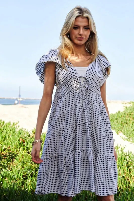 Davi & Dani Jacquard V-Neck Flutter Cap Sleeve Tiered Dress product image