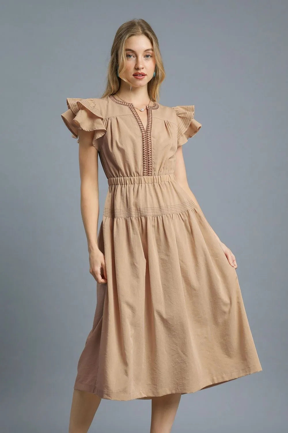 Umgee Ruffled Cap Sleeve Midi Dress with Contrast Trim Detail product image